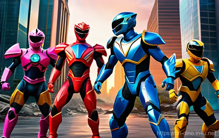 다이노코어 파워레인저와의 콜라보 가능성 - Prompt 1: Dynamic Crossover City Battle** 다이노코어 파워레인저와의 콜라보 가능성 - Prompt 1: Dynamic Crossover City Battle**