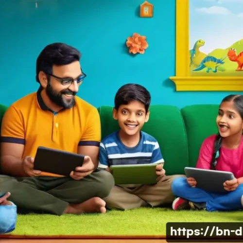 다이노코어 시청 연령층 분석 - A vibrant and colorful animated scene featuring young Bengali children aged 4-10 watching "Dinocore"...