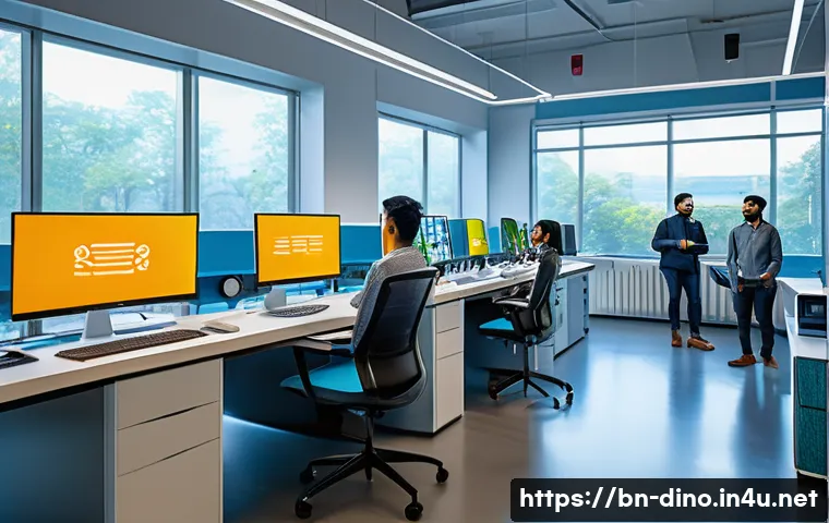 다이노코어 제작사의 철학과 방향성 - A modern technology research and development lab setting showcasing a diverse team of Bengali engine...